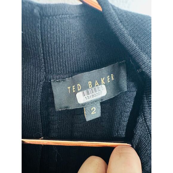 TED BAKER Black Ribbed Skater Style Mini V-Neck Banded Waist Skater Dress sz 2 - Picture 7 of 10